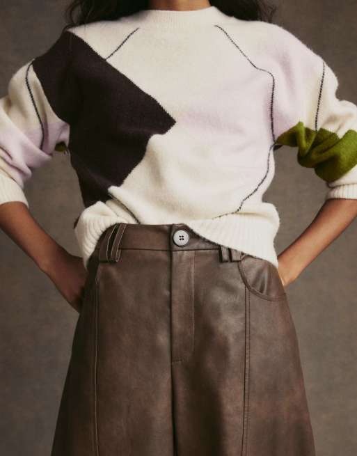 River Island Faux leather seamed barrel leg trousers in brown, 2 of 4