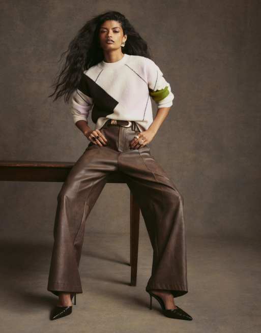 River Island Faux leather seamed barrel leg trousers in brown, 3 of 4