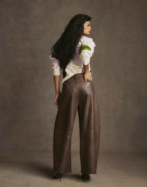 River Island Faux leather seamed barrel leg trousers in brown, 4 of 4