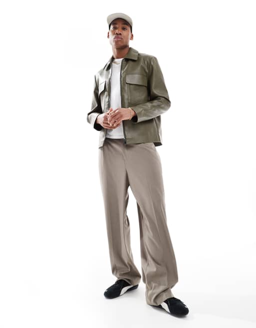 River Island faux leather shacket in dark khaki | ASOS