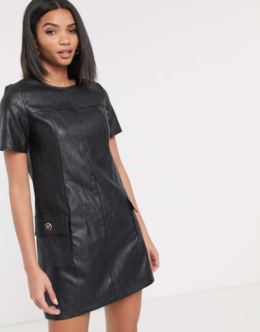 Black faux leather shift mini dress