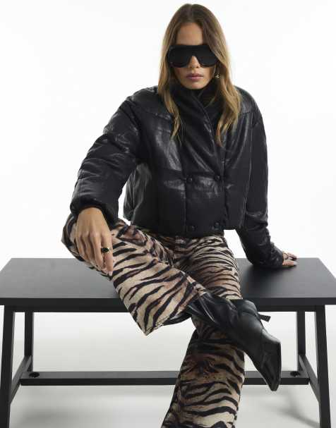 River Island Faux leather short puffer jacket in black - view 1