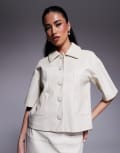 [River Island] River Island faux leather short sleeve shirt in cream-White 14 CREAM