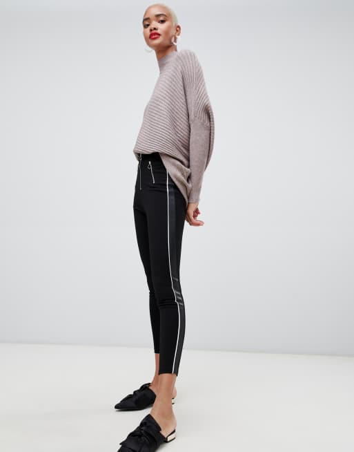 Black leggings with leather stripe sale