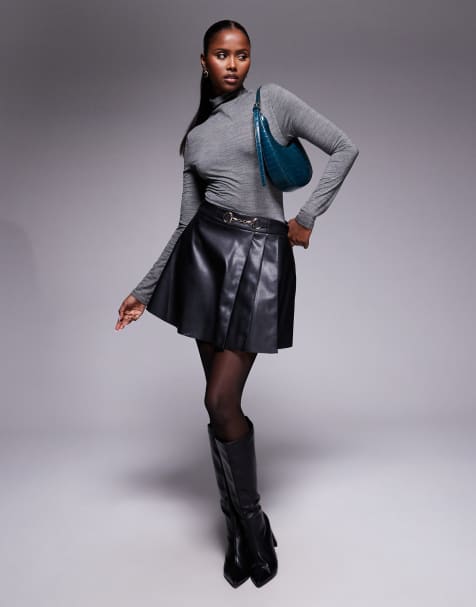River Island faux leather snaffle metal detail pleated mini skirt in black - view 1