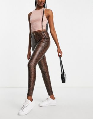 River Island faux leather snakeprint straight cut trousers in brown - ASOS Price Checker