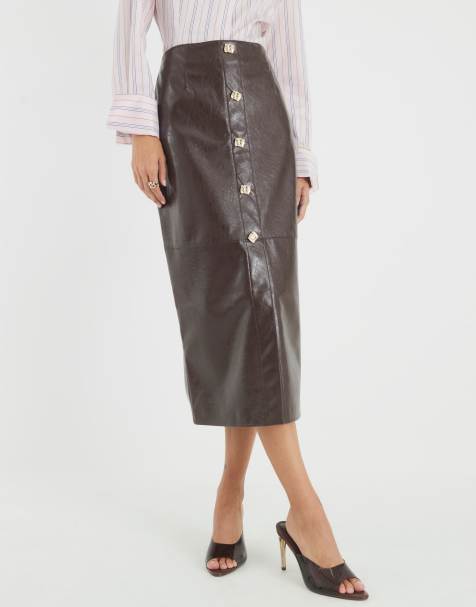 River Island Faux leather square button midi skirt in brown - dark - view 1