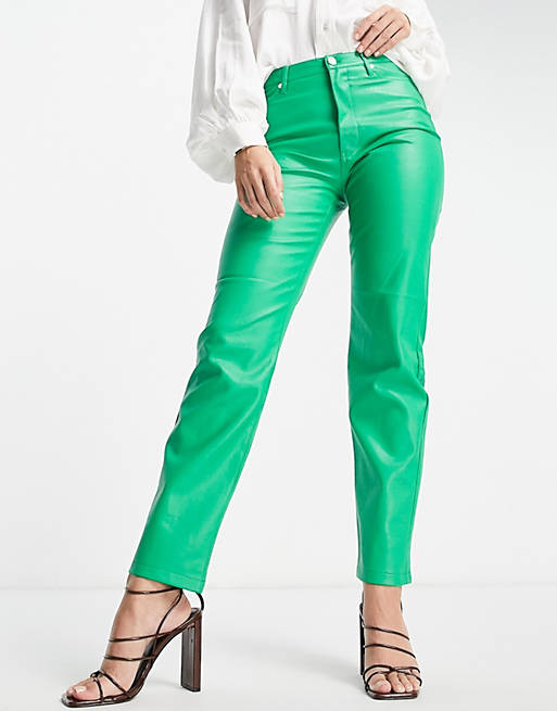 Women River Island faux leather straight cut trousers in green 