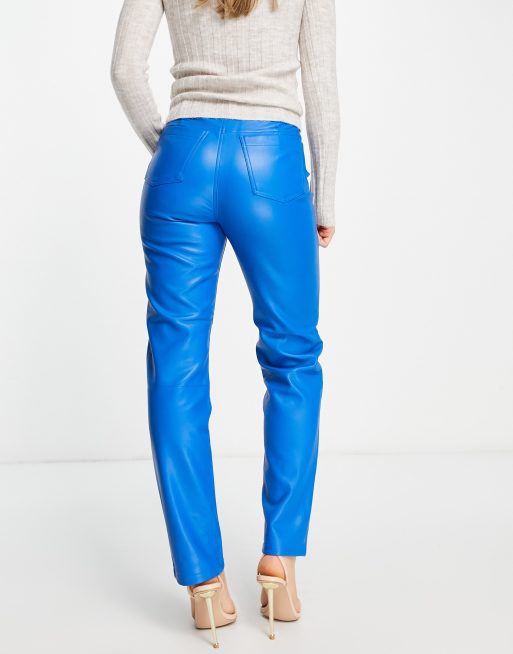 River Island faux leather straight leg pants in bright blue