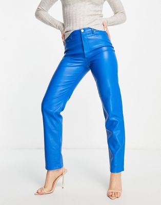 River Island faux leather straight leg trouser in bright blue