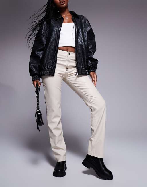 River Island faux leather straight leg trousers in light stone