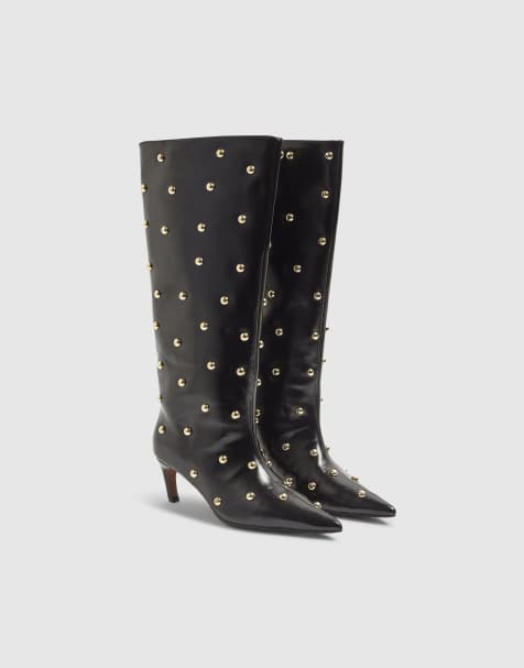River Island Faux leather studded high leg boots in black - view 1