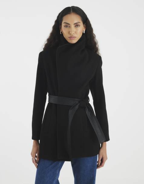 River Island Faux leather trim wrap coat in black - view 1