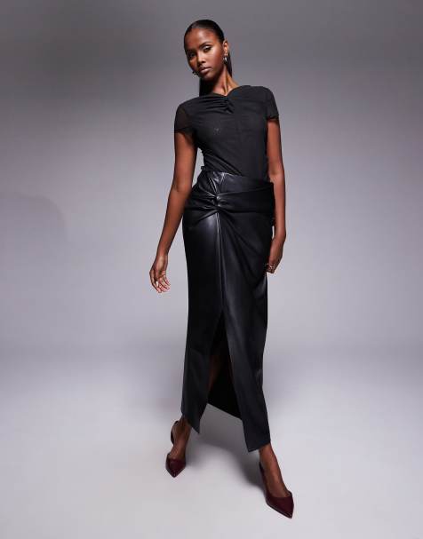 River Island faux leather twist side midi skirt in black 