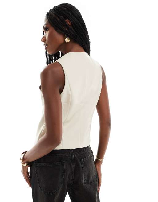River Island faux leather waistcoat in light stone ASOS