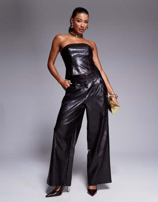 River Island faux leather wide leg pants in dark brown (part of a set)