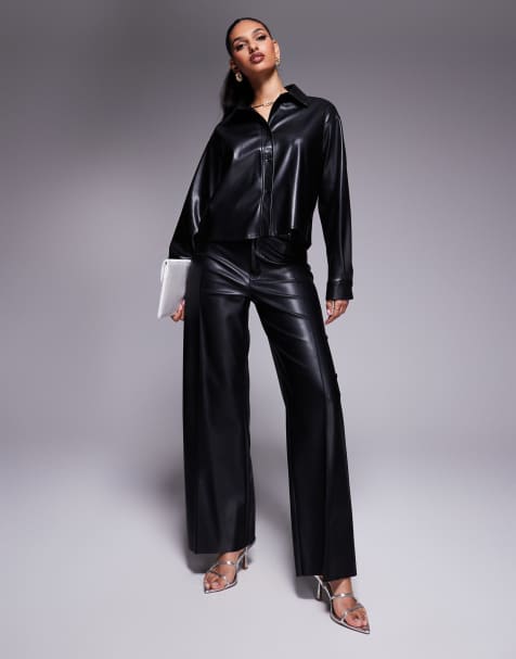 River Island faux leather wide leg seam front trouser in black - view 1