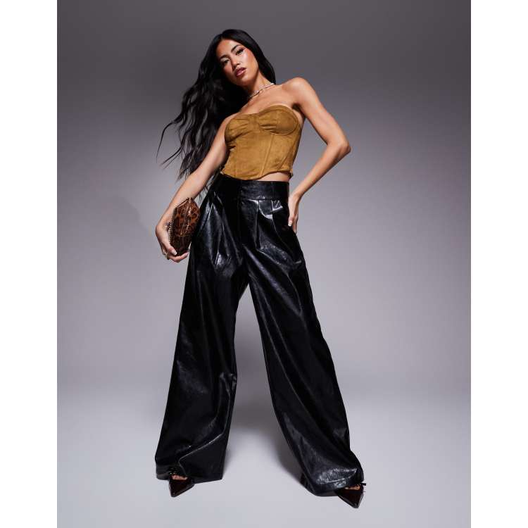 River Island faux leather wide leg trouser in black