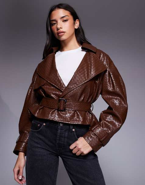 River Island faux leather woven belted crop trench in light brown - view 1