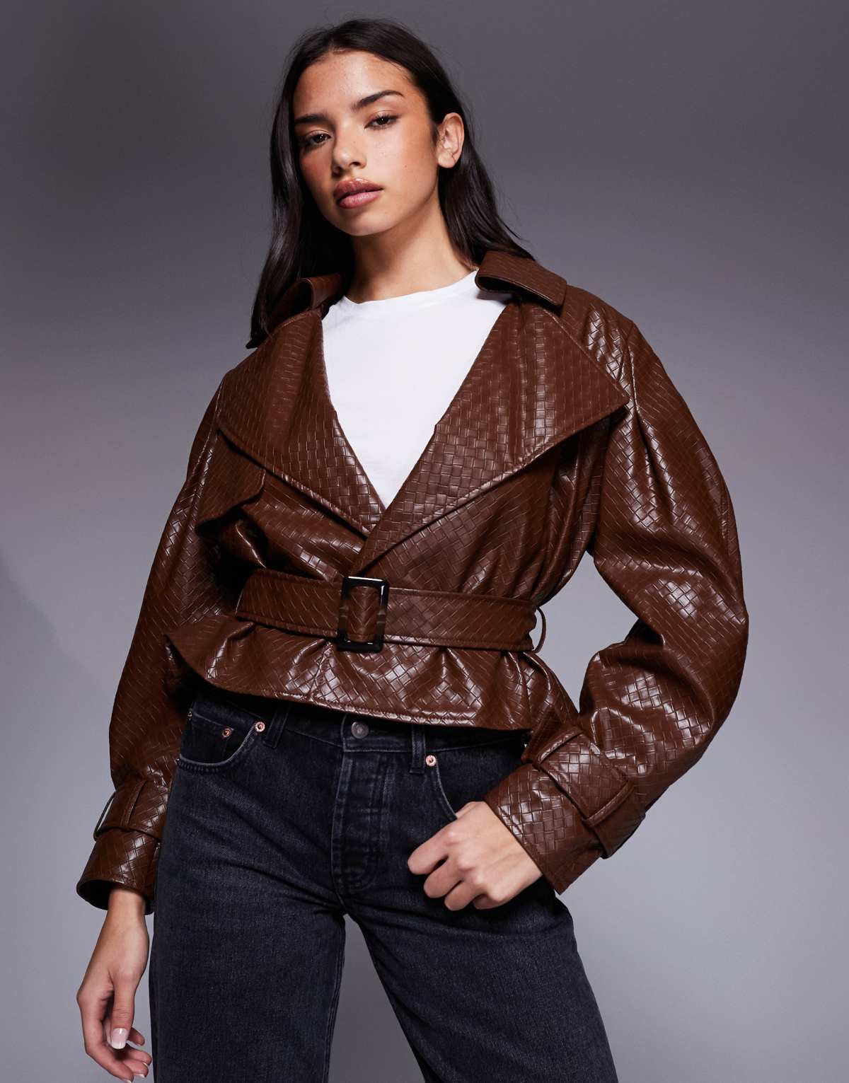 River Island faux leather woven belted crop trench in light brown