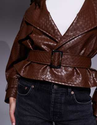 River Island Faux Leather Woven Belted Crop Trench In Brown