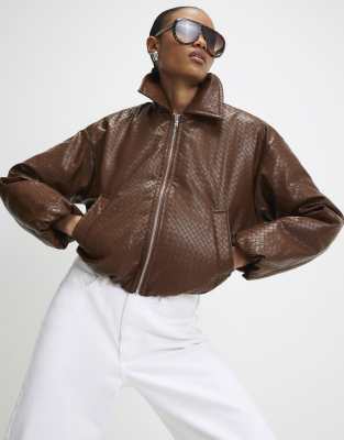 River Island Faux Leather Woven Bomber Jacket In Brown