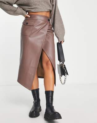 Khaki leather skirt outlet river island