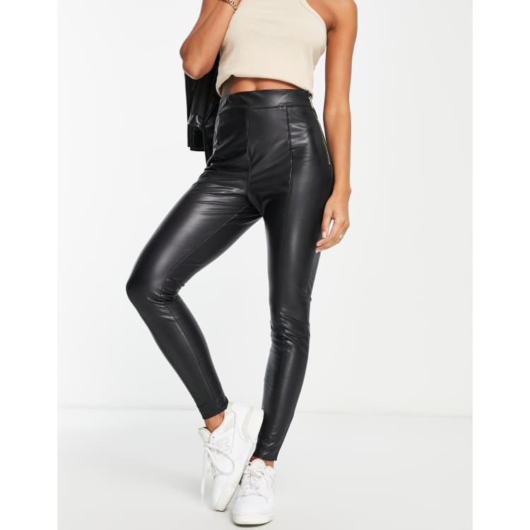 Vila leather look high waisted skinny trousers in black