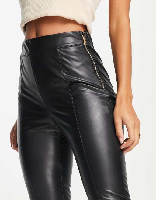 River Island faux leather zip detail skinny pants in dark brown