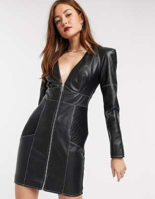 River Island faux leather zip front biker bodycon dress in black