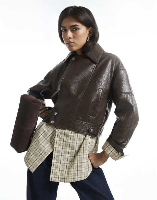 River Island Faux leather zip through jacket in brown , 3 of 4