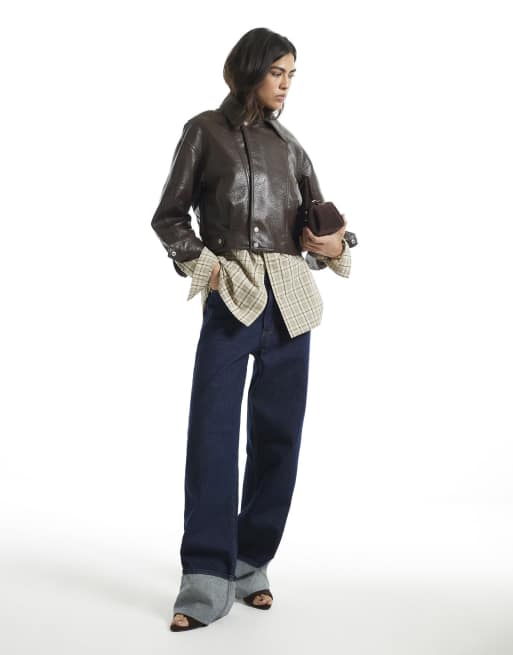River Island Faux leather zip through jacket in brown , 4 of 4
