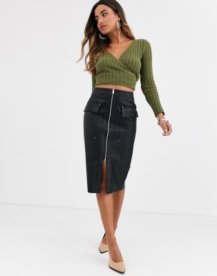 River Island faux leather zip through midi skirt in black ASOS