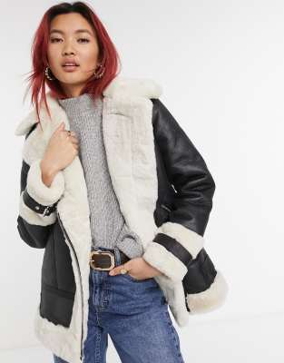 river island faux fur aviator jacket in black