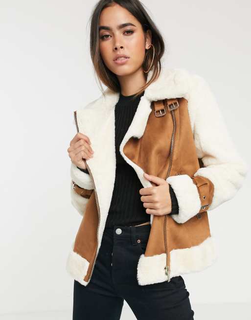 River Island faux shearling aviator jacket in tan | ASOS