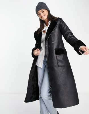 River Island faux shearling belted coat in black