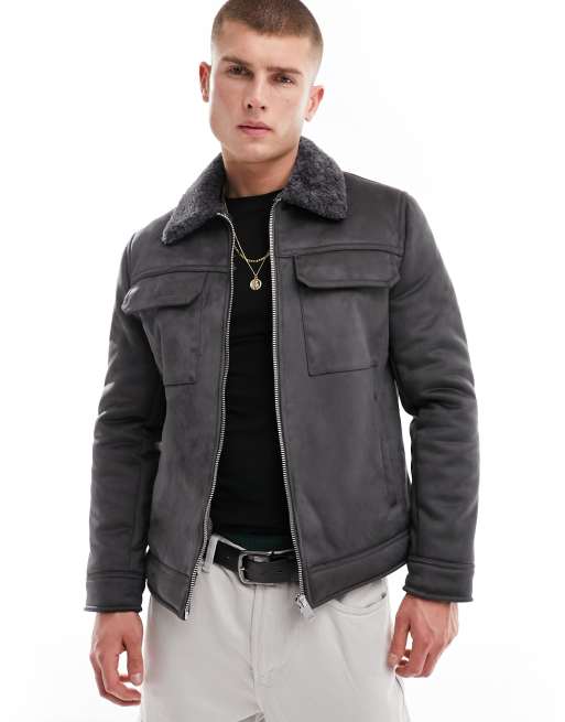 River Island faux shearling jacket in dark gray