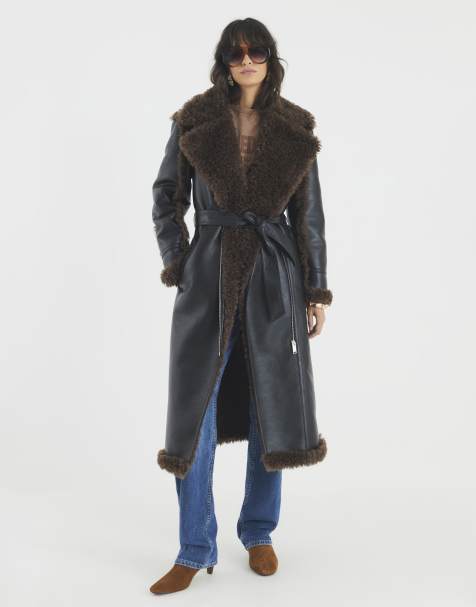 River Island Faux shearling lined belted trench coat in black - view 1
