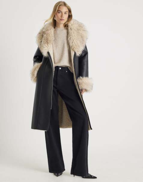 River Island Faux shearling lined trench coat in black - view 1