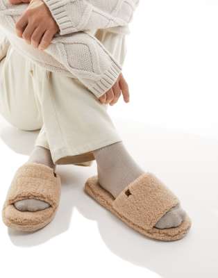 River Island Faux Shearling Slides In Beige-neutral