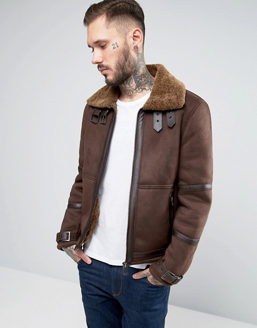 River Island Faux Suede Aviator Jacket In Brown | ASOS