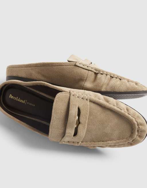 River Island Faux suede backless mule loafers in beige, 3 of 4