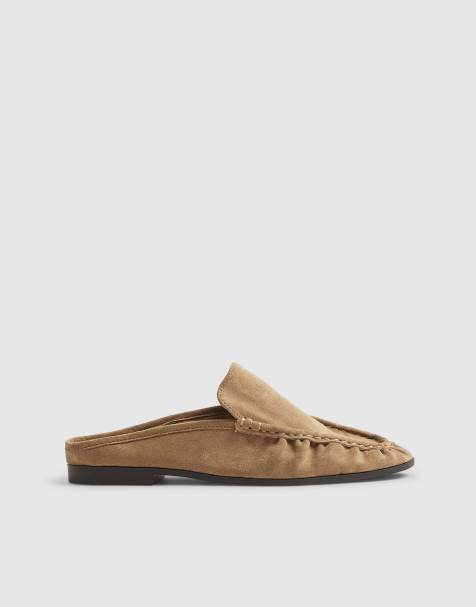 River Island Faux suede backless ruched loafers in beige - view 1