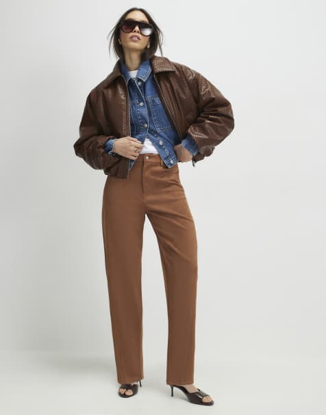 River Island Faux suede barrel leg trousers in tan - view 1