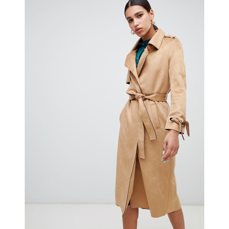 Faux Suede Belted Trench Coat