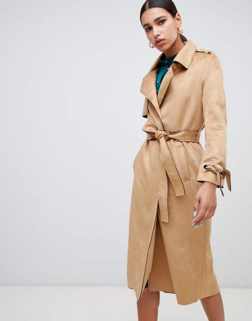 Bernardo Faux Suede Belted Trench Coat In Almond