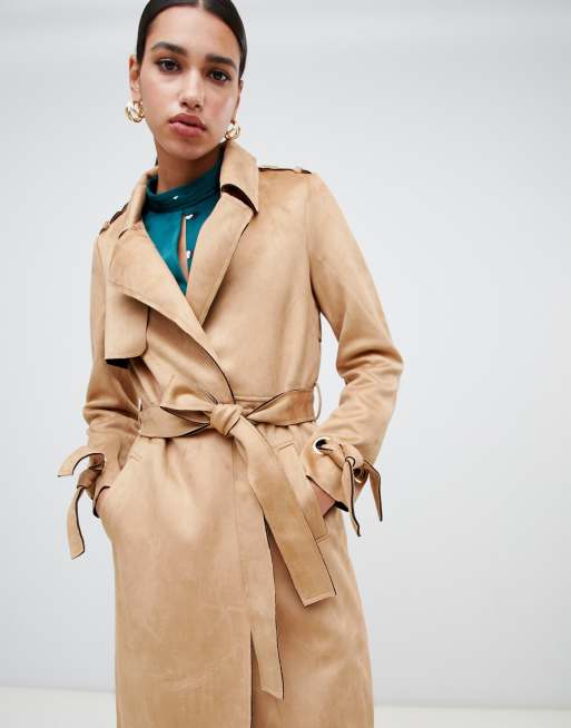 Faux Suede Belted Trench Coat