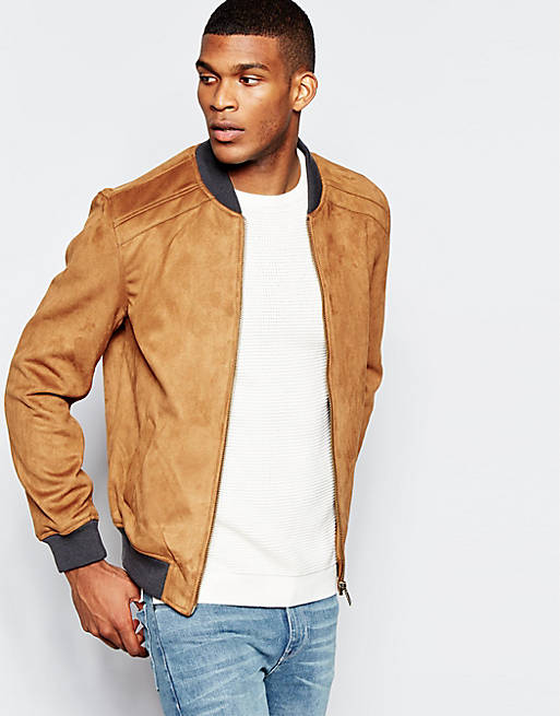 River Island Faux Suede Bomber Jacket In Tan | ASOS