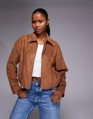 River Island Faux Suede Bubble Hem Bomber In Brown