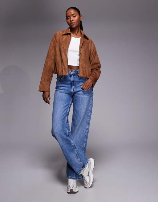 River Island faux suede bubble hem bomber jacket in tan, 3 of 4